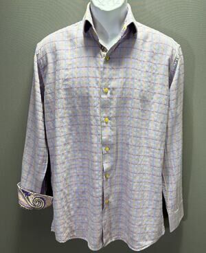 Steven Land Window Pane Paisley Flip Cuff Button Up Shirt Size Large Purple